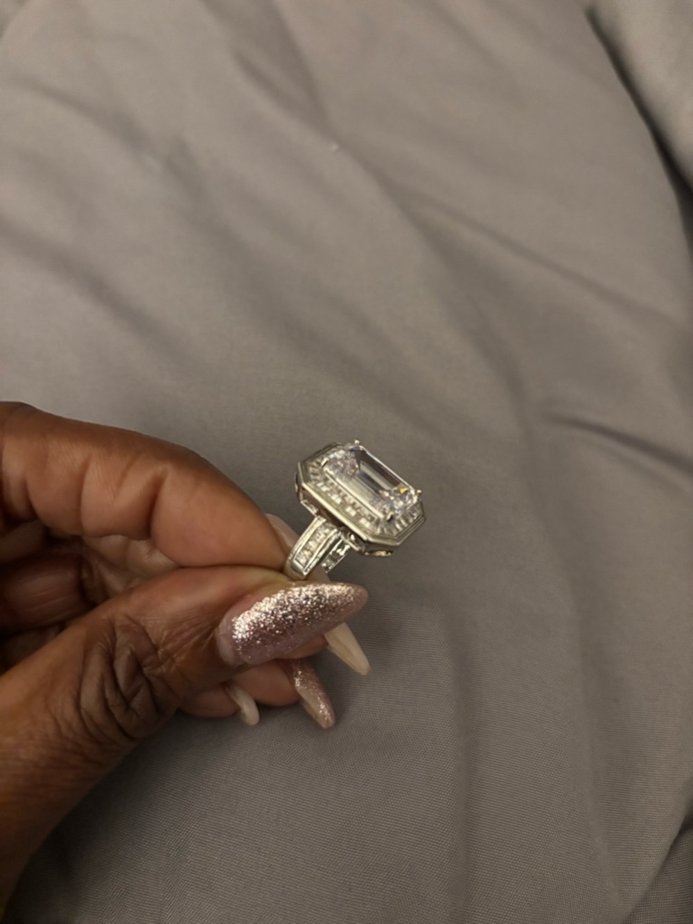 Sterling Silver White Emerald-Cut Halo Cocktail Ring